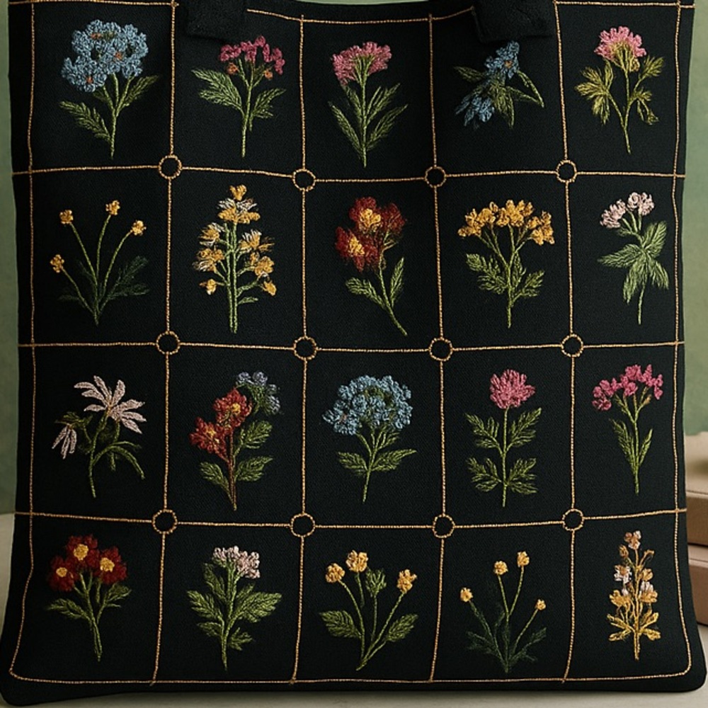 Floral Embroidered Black Tote Bag - Picture 2 of 10